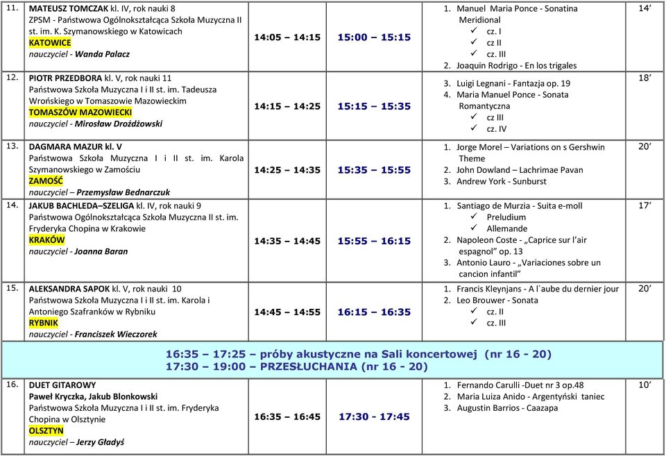Tadeusza Wrońskiego w Tomaszowie Mazowieckim TOMASZÓW MAZOWIECKI nauczyciel - Mirosław Drożdżowski 14:05 14:15 15:00 15:15 14:15 14:25 15:15 15:35 1. Manuel Maria Ponce - Sonatina Meridional cz.