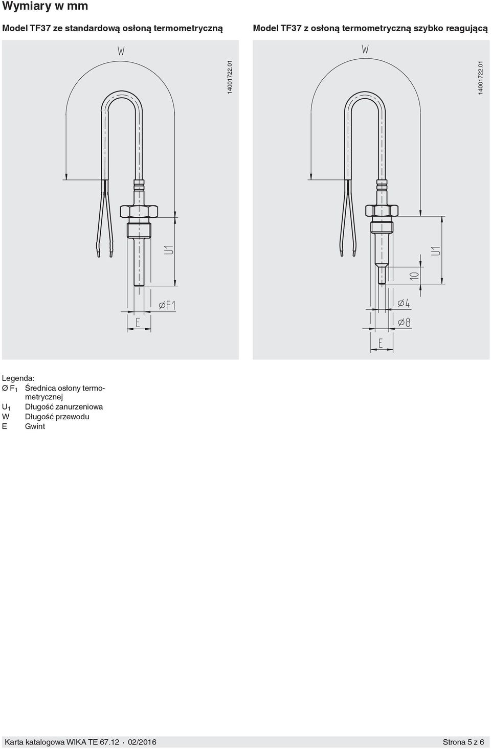 01 Legenda: Ø F 1 Średnica osłony termometrycznej U 1 Długość