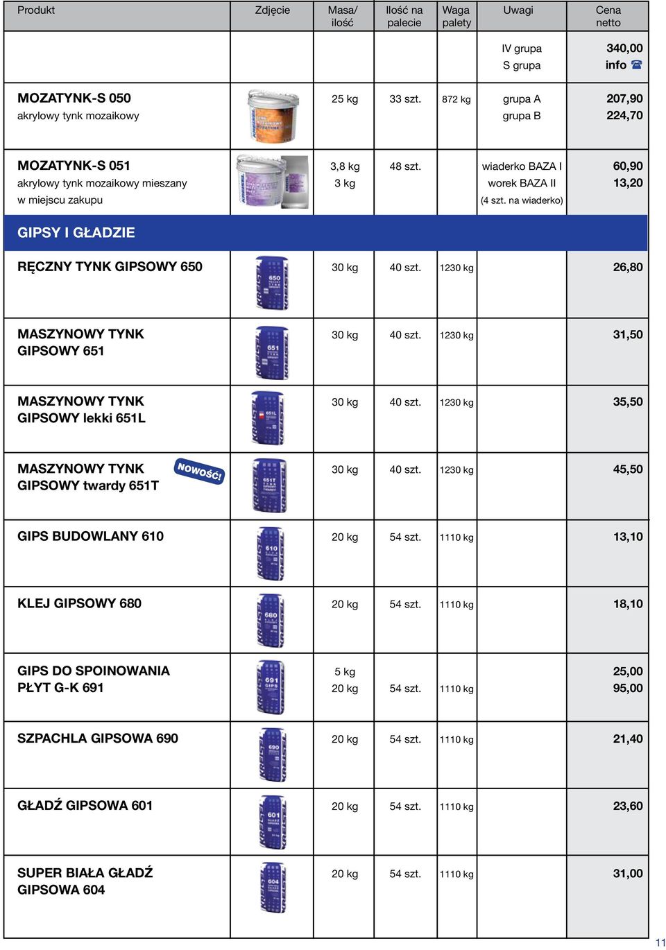 1230 kg 26,80 MASZYNOWY TYNK 30 kg 40 szt. 1230 kg 31,50 GIPSOWY 651 MASZYNOWY TYNK 30 kg 40 szt. 1230 kg 35,50 GIPSOWY lekki 651L MASZYNOWY TYNK 30 kg 40 szt.