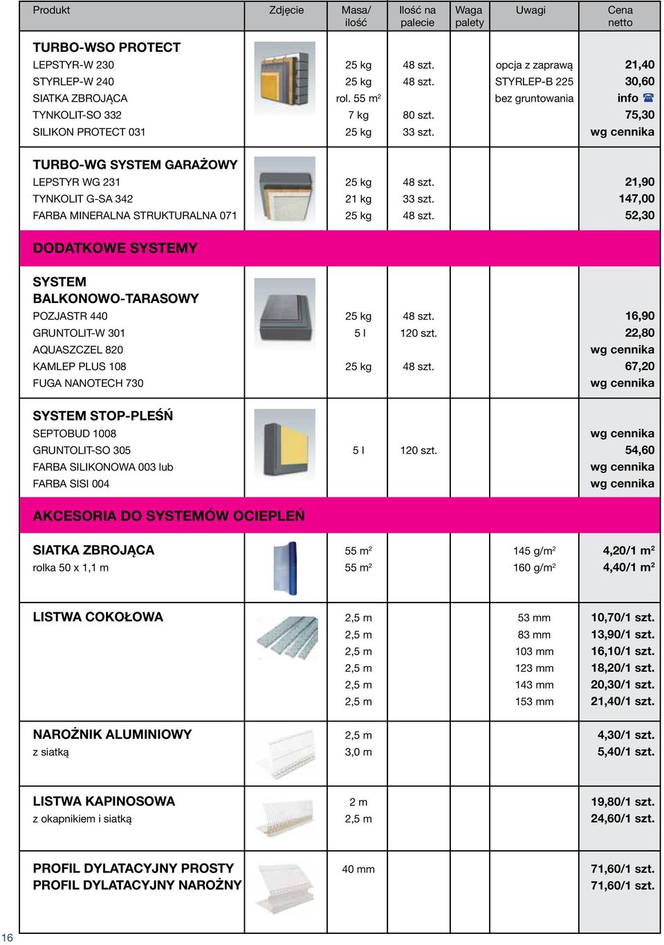 52,30 DODATKOWE SYSTEMY SYSTEM BALKONOWO-TARASOWY POZJASTR 440 25 kg 48 szt. 16,90 GRUNTOLIT-W 301 5 l 120 szt. 22,80 AQUASZCZEL 820 wg cennika KAMLEP PLUS 108 25 kg 48 szt.