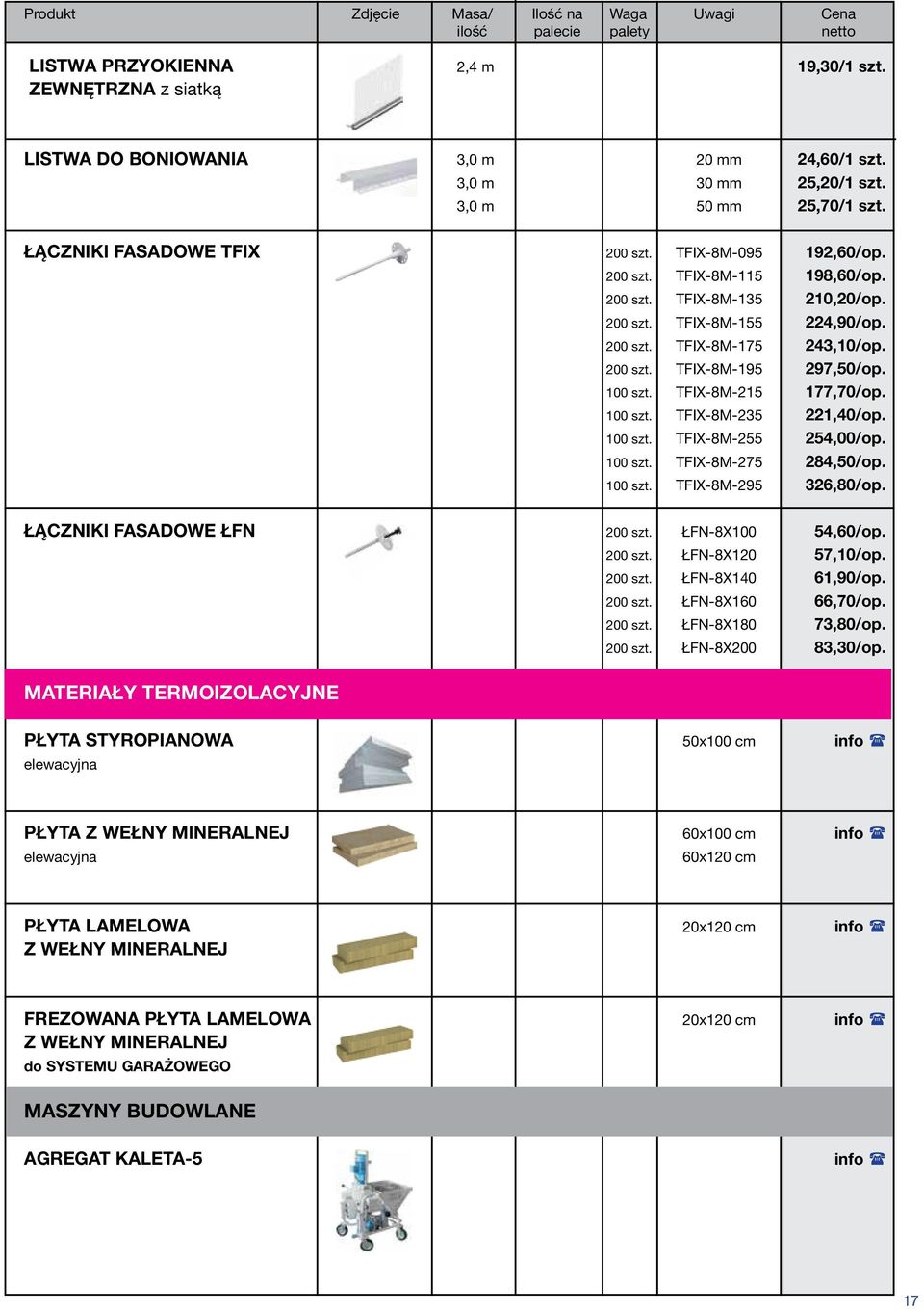 TFIX-8M-215 177,70/op. 100 szt. TFIX-8M-235 221,40/op. 100 szt. TFIX-8M-255 254,00/op. 100 szt. TFIX-8M-275 284,50/op. 100 szt. TFIX-8M-295 326,80/op. ŁĄCZNIKI FASADOWE ŁFN 200 szt.