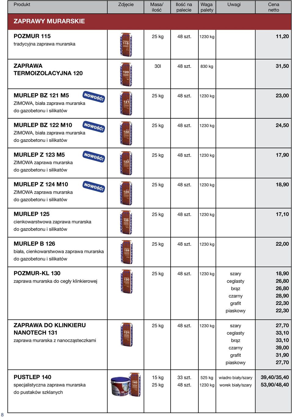 1230 kg 24,50 ZIMOWA, biała zaprawa murarska do gazobetonu i silikatów MURLEP Z 123 M5 25 kg 48 szt. 1230 kg 17,90 ZIMOWA zaprawa murarska do gazobetonu i silikatów MURLEP Z 124 M10 25 kg 48 szt.