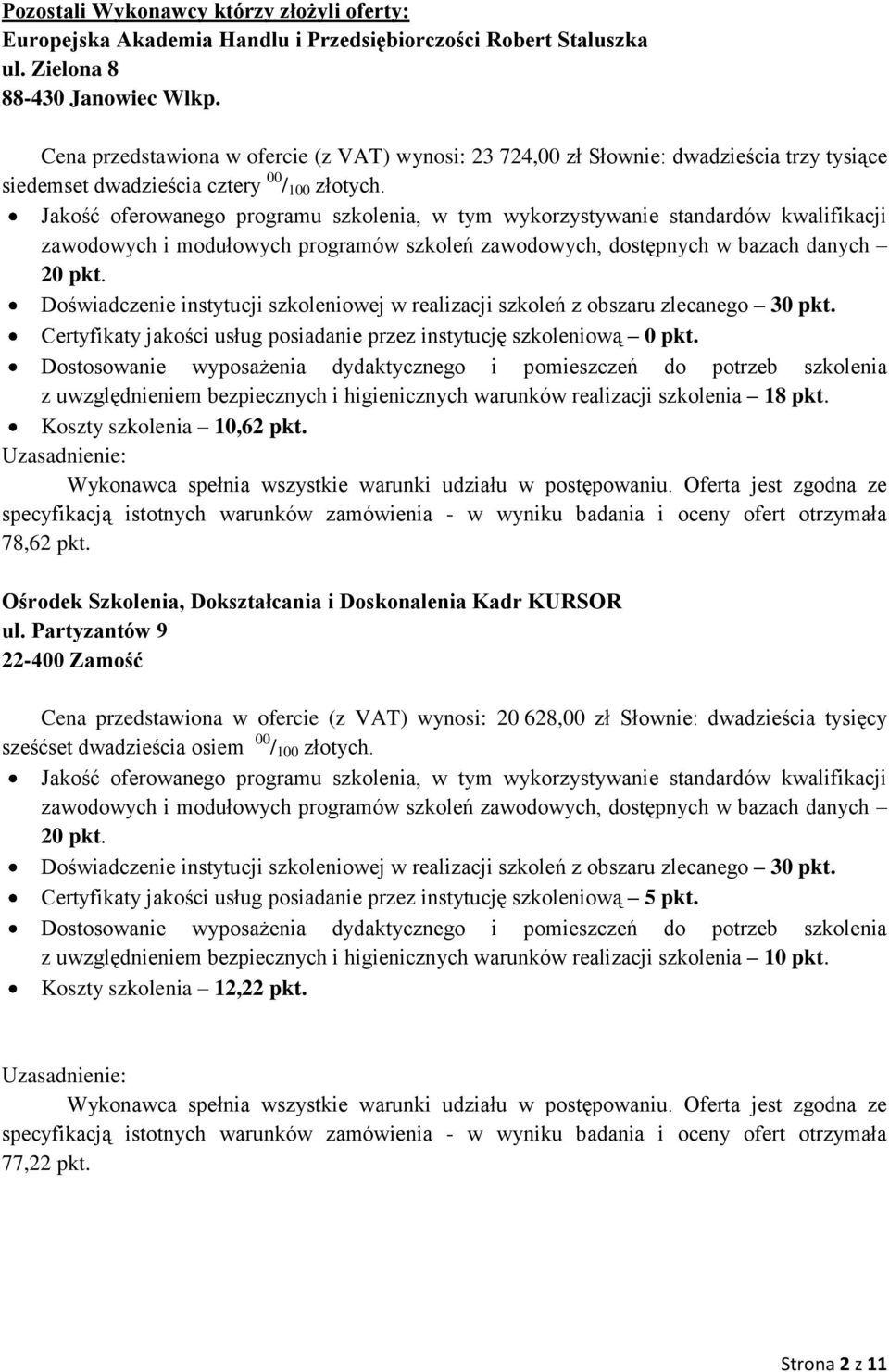 Certyfikaty jakości usług posiadanie przez instytucję szkoleniową 0 pkt. Koszty szkolenia 10,62 pkt. 78,62 pkt. Ośrodek Szkolenia, Dokształcania i Doskonalenia Kadr KURSOR ul.