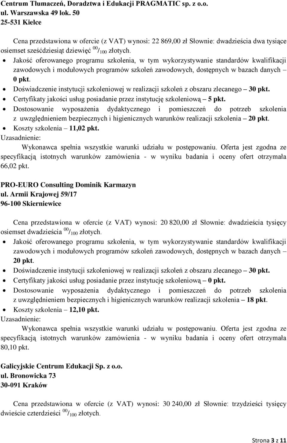 z uwzględnieniem bezpiecznych i higienicznych warunków realizacji szkolenia Koszty szkolenia 11,02 pkt. 66,02 pkt. PRO-EURO Consulting Dominik Karmazyn ul.