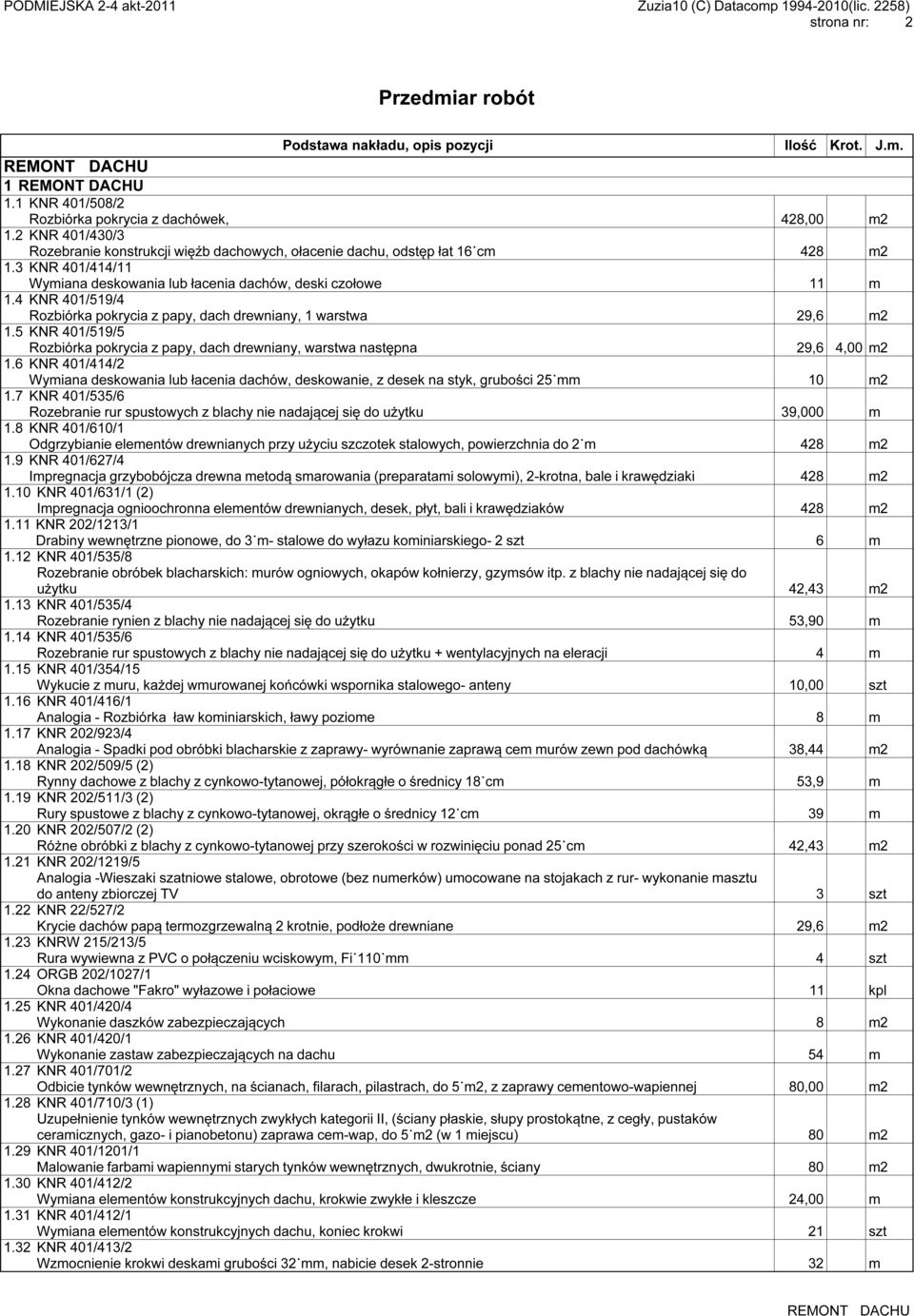 4 KNR 401/519/4 Rozbiórka pokrycia z papy, dach drewniany, 1 warstwa 29,6 m2 1.5 KNR 401/519/5 Rozbiórka pokrycia z papy, dach drewniany, warstwa następna 29,6 4,00 m2 1.