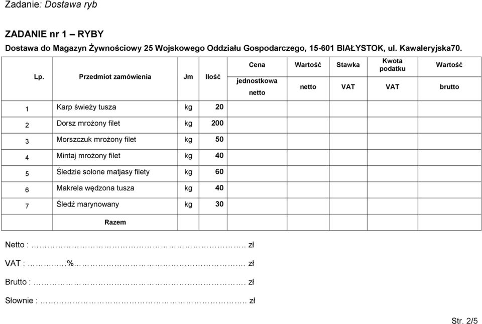 Przedmiot zamówienia Jm Ilość 1 Karp świeży tusza kg 20 2 Dorsz mrożony filet kg 200 3 Morszczuk mrożony filet kg 50 4 Mintaj mrożony