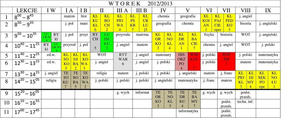 polski matem matematyka 0 j. angiel SO 8 0 0 religia j. polski j. polski j. polski j. angielski matematyka j. franc matem WOT T j. angiel matematy HIS Z j. polski j. polski matematyka religia matem j.