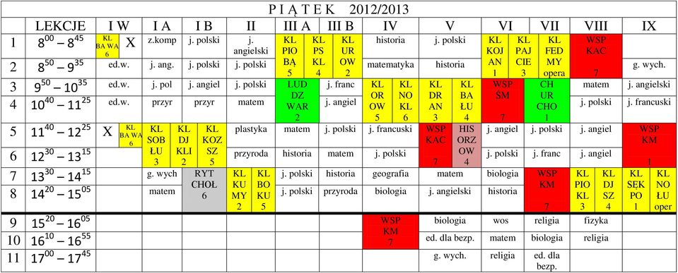 polski historia geografia matem biologia a CH matem CHO j. angiel j. polski j. angiel 0 przyroda historia matem j. polski j. polski j. franc j. angiel 0 g.