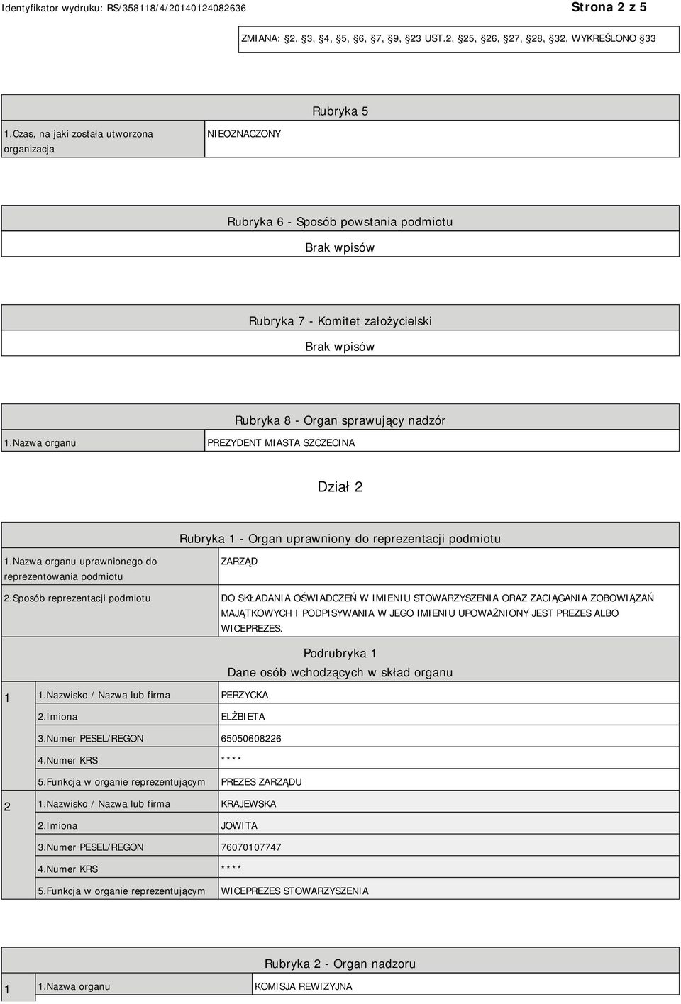 Nazwa organu PREZYDENT MIASTA SZCZECINA Dział 2 Rubryka 1 - Organ uprawniony do reprezentacji podmiotu 1.Nazwa organu uprawnionego do reprezentowania podmiotu 2.