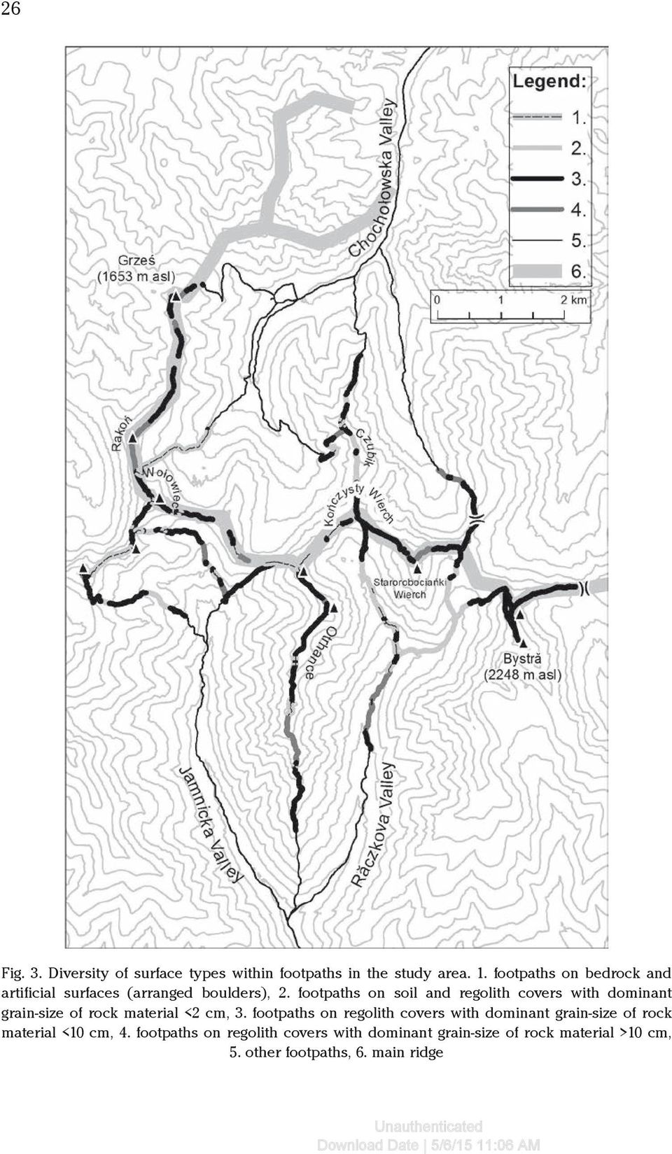 footpaths on soil and regolith covers with dominant grain-size of rock material <2 cm, 3.