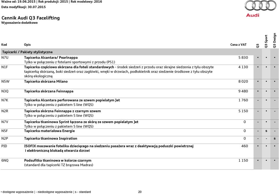 skórą ekologiczną 5 830 4 130 N5W Tapicerka skórzana Milano 8 020 N3Q Tapicerka skórzana Feinnappa 9 480 N7K N2R Tapicerka Alcantara perforowana ze szwem popielatym Jet Tylko w połączeniu z pakietem