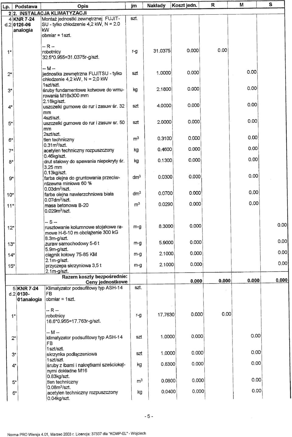 4* uszczelki gumowe do rur i zasuw śr. 32 szt 4.0000 mm 4sztIszt. 5* uszczelki gumowe do rur i zasuw sr. 50 szt 2.0000 mm 2sztlszt. 6* tlen techniczny m 3 0.