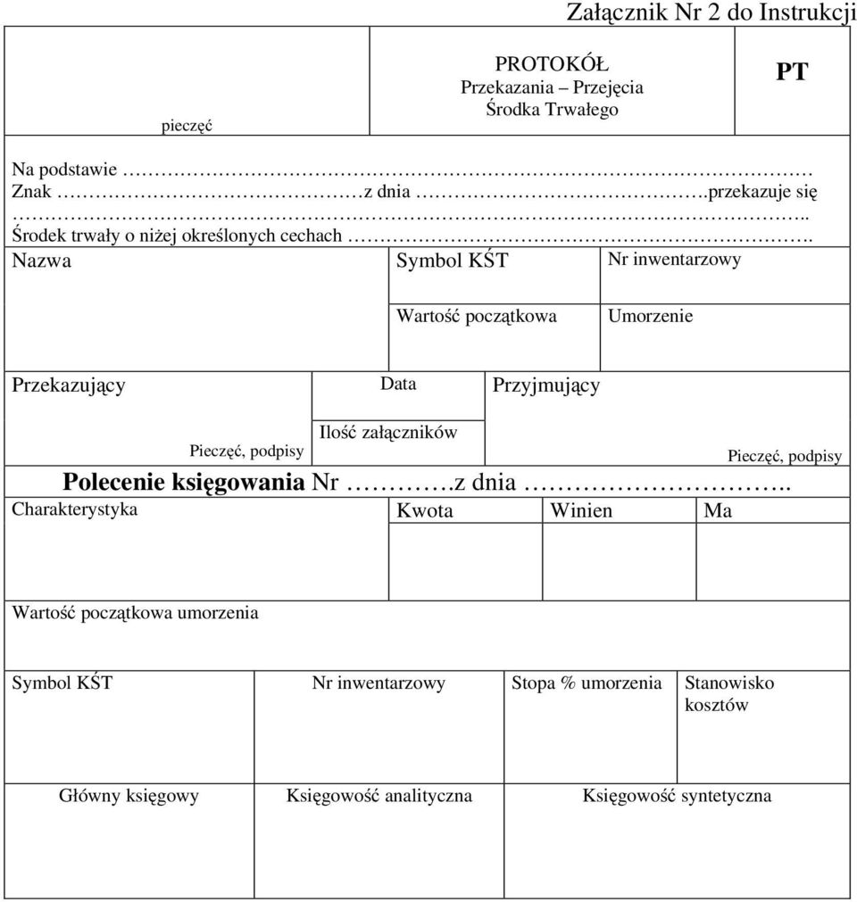 Nazwa Symbol KŚT Nr inwentarzowy Wartość początkowa Umorzenie Przekazujący Data Przyjmujący Pieczęć, podpisy Ilość załączników