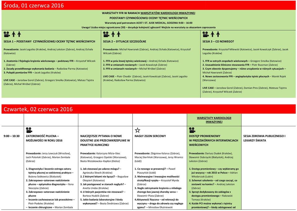 Wejście na warsztaty za okazaniem zaproszenia SESJA 1 PODSTAWY CZYNNOŚCIOWEJ OCENY TĘTNIC WIEŃCOWYCH Prowadzenie: Jacek Legutko, Andrzej Lekston, Andrzej Ochała 1.