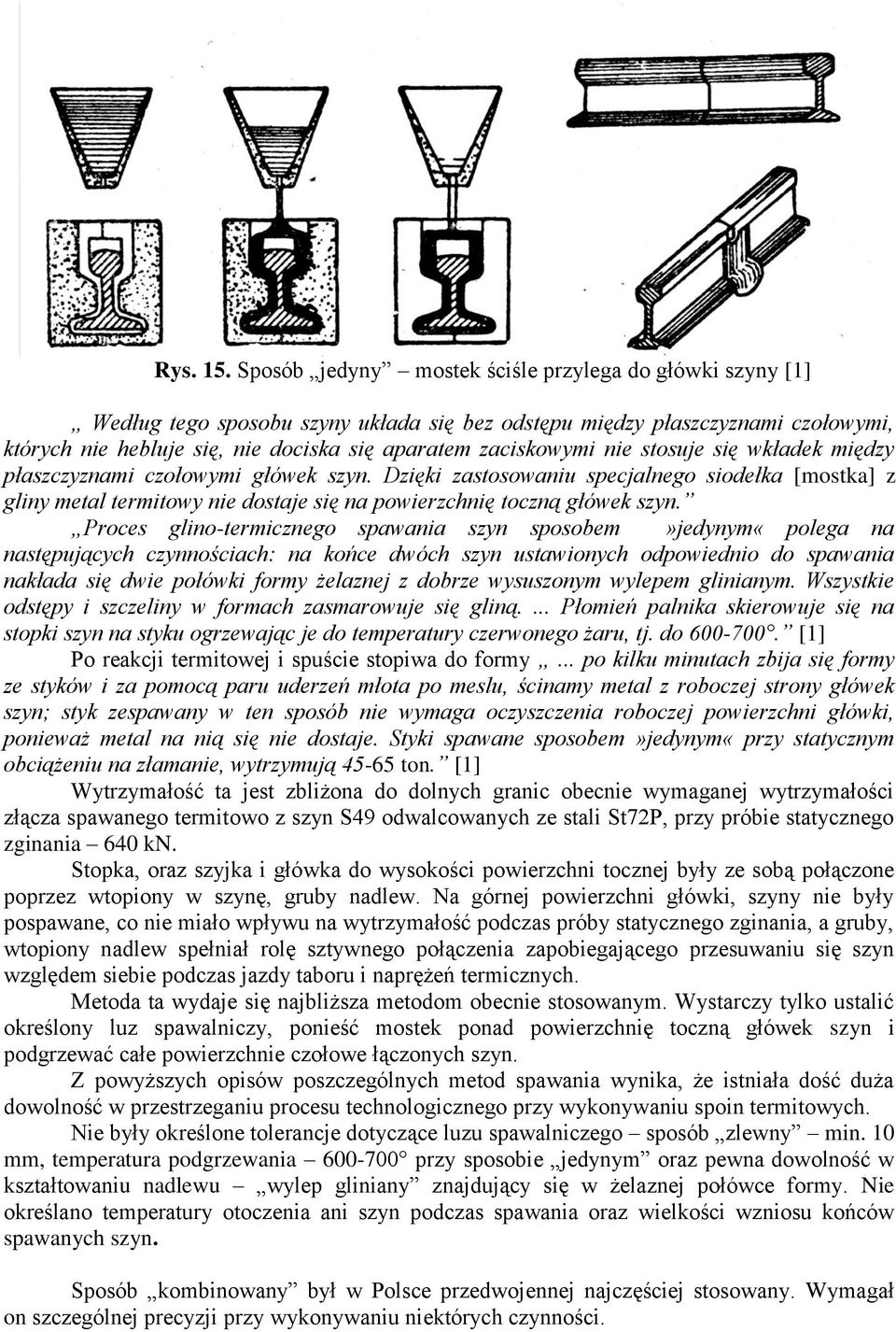 nie stosuje się wkładek między płaszczyznami czołowymi główek szyn. Dzięki zastosowaniu specjalnego siodełka [mostka] z gliny metal termitowy nie dostaje się na powierzchnię toczną główek szyn.