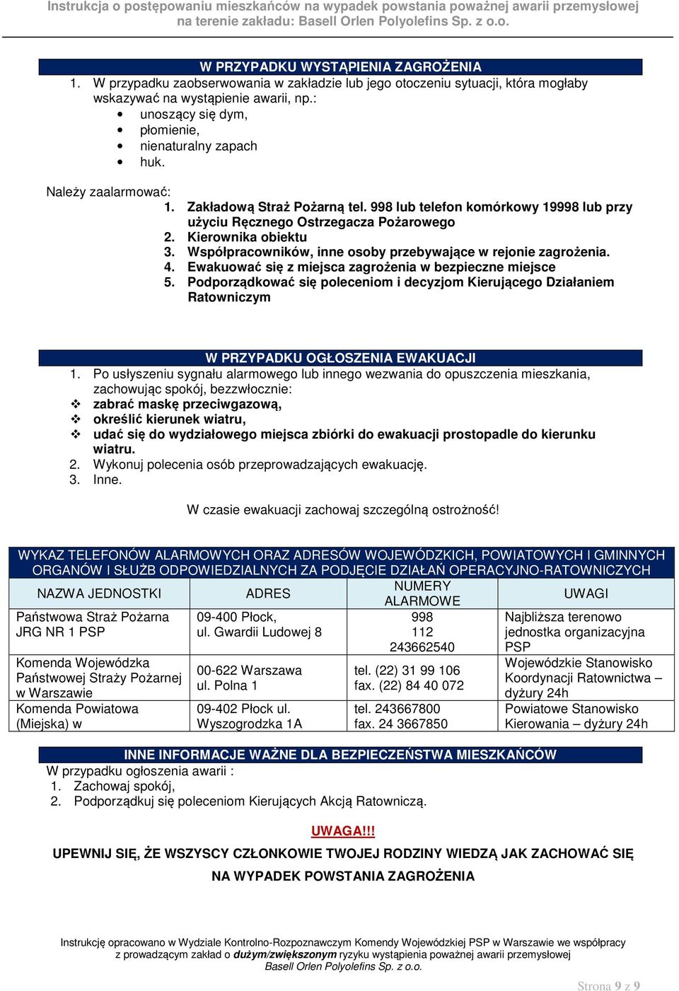 Kierownika obiektu 3. Współpracowników, inne osoby przebywające w rejonie zagrożenia. 4. Ewakuować się z miejsca zagrożenia w bezpieczne miejsce 5.