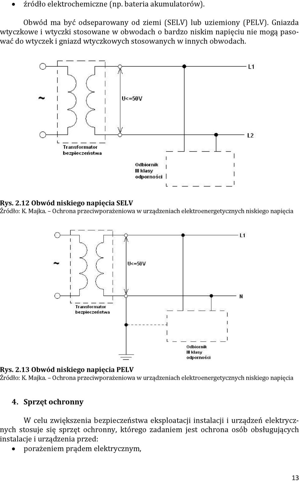 12 Obwód niskiego napięcia SELV Źródło: K. Majka. Ochrona przeciwporażeniowa w urządzeniach elektroenergetycznych niskiego napięcia Rys. 2.13 Obwód niskiego napięcia PELV Źródło: K. Majka. Ochrona przeciwporażeniowa w urządzeniach elektroenergetycznych niskiego napięcia 4.