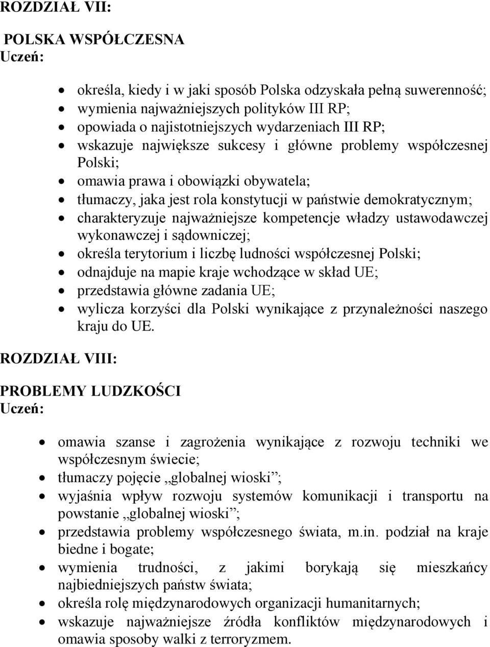 kompetencje władzy ustawodawczej wykonawczej i sądowniczej; określa terytorium i liczbę ludności współczesnej Polski; odnajduje na mapie kraje wchodzące w skład UE; przedstawia główne zadania UE;
