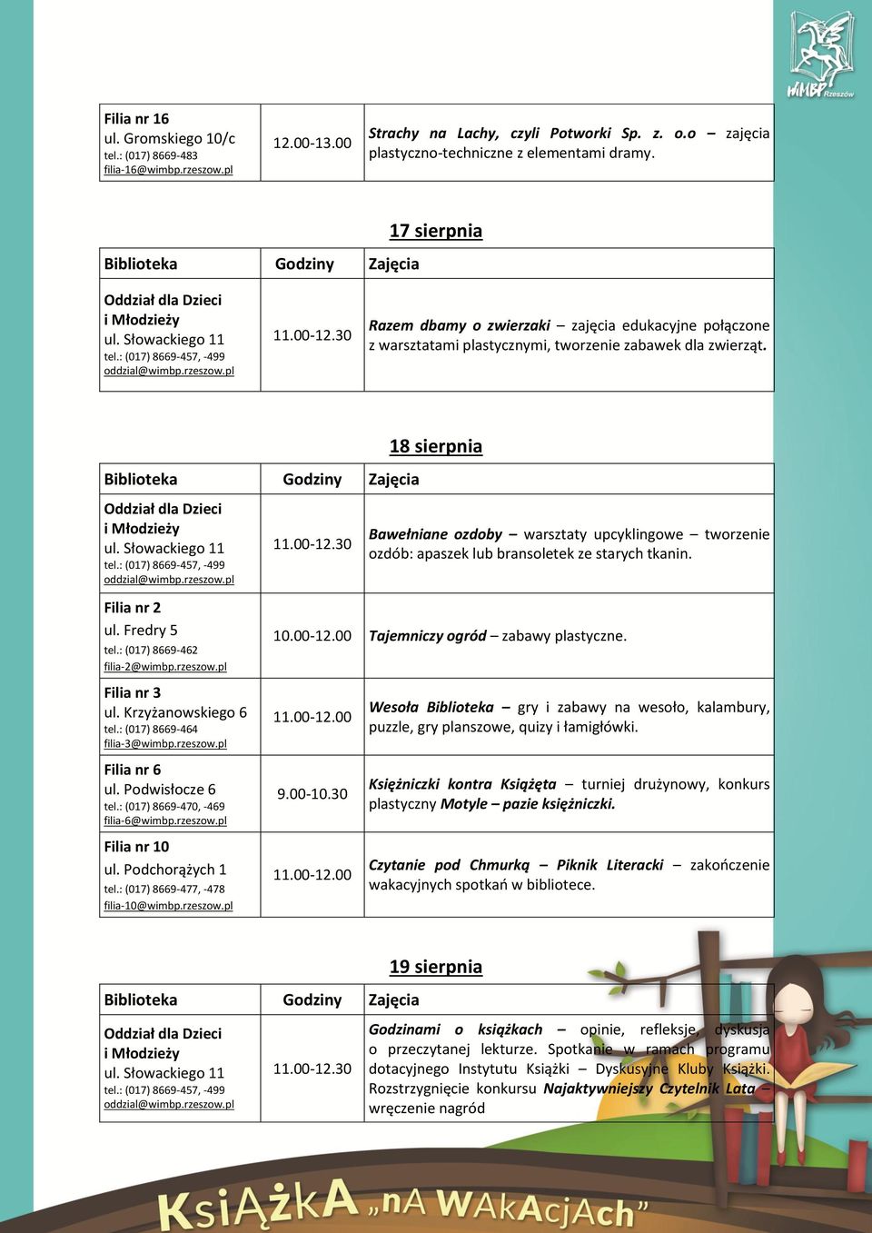 18 sierpnia Bawełniane ozdoby warsztaty upcyklingowe tworzenie ozdób: apaszek lub bransoletek ze starych tkanin. 10.00-12.00 Tajemniczy ogród zabawy plastyczne.