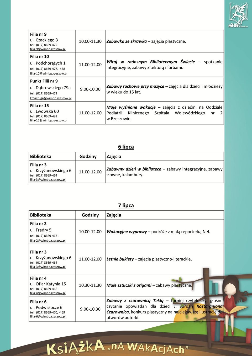 6 lipca Zabawny dzień w bibliotece zabawy integracyjne, zabawy słowne, kalambury. 7 lipca 10.00-12.00 Wakacyjne wyprawy podróże z małą reporterką Nel. Letnie bukiety zajęcia plastyczno-literackie. 10.30-11.