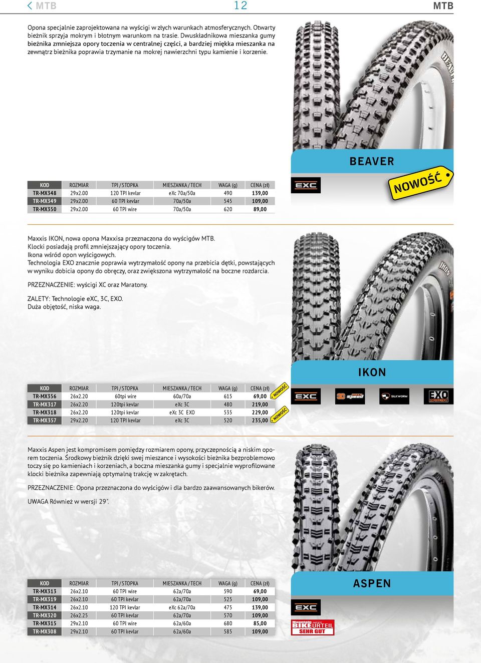 BEAVER TR-MX348 29x2.00 120 TPI kevlar exc 70a/50a 490 139,00 TR-MX349 29x2.00 60 TPI kevlar 70a/50a 545 109,00 TR-MX350 29x2.