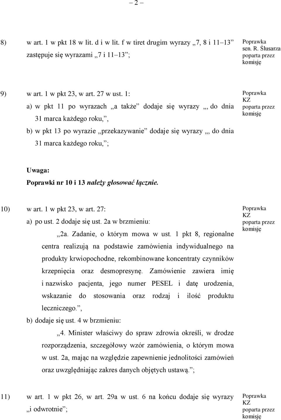 13 należy głosować łącznie. 10) w art. 1 w pkt 23, w art. 27: a) po ust. 2 dodaje się ust. 2a w brzmieniu: 2a. Zadanie, o którym mowa w ust.