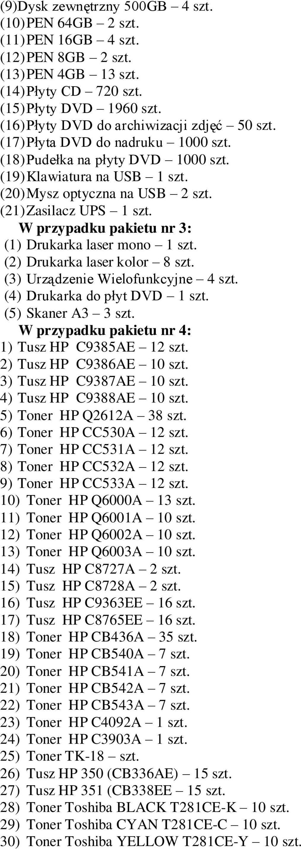 (21) Zasilacz UPS 1 szt. W przypadku pakietu nr 3: (1) Drukarka laser mono 1 szt. (2) Drukarka laser kolor 8 szt. (3) Urządzenie Wielofunkcyjne 4 szt. (4) Drukarka do płyt DVD 1 szt.