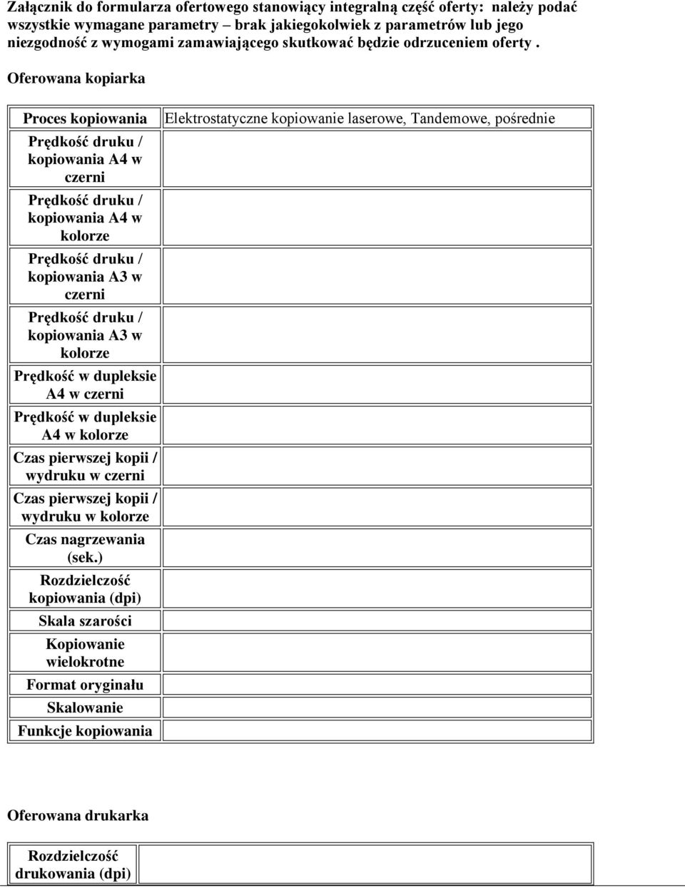 Oferowana kopiarka Proces kopiowania Prędkość druku / kopiowania A4 w czerni Prędkość druku / kopiowania A4 w kolorze Prędkość druku / kopiowania A3 w czerni Prędkość druku / kopiowania A3 w kolorze