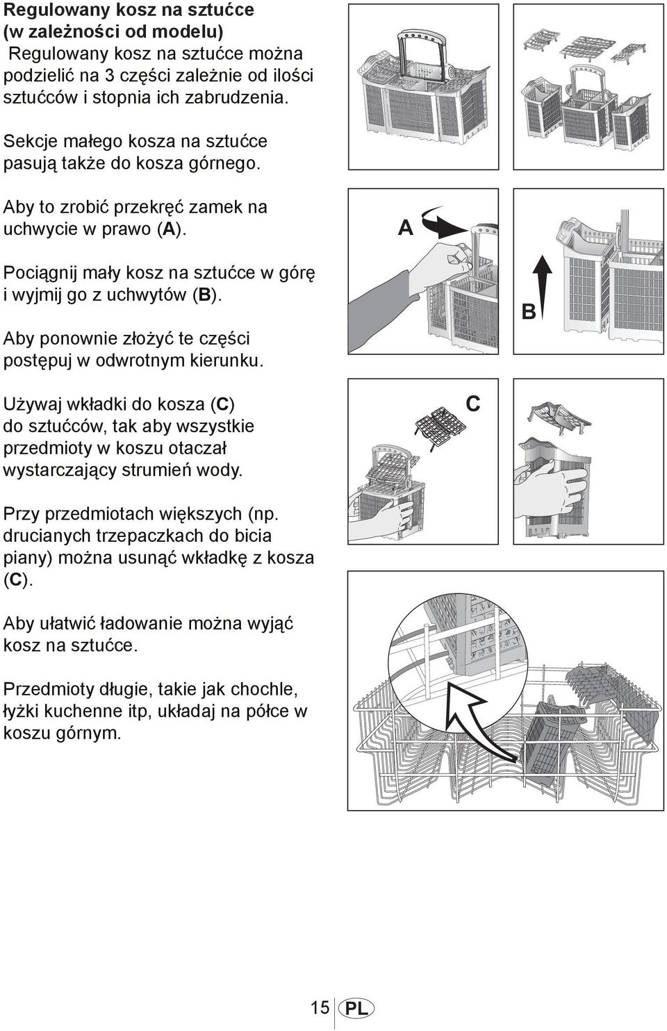 Aby ponownie złożyć te części postępuj w odwrotnym kierunku. Używaj wkładki do kosza (C) do sztućców, tak aby wszystkie przedmioty w koszu otaczał wystarczający strumień wody.