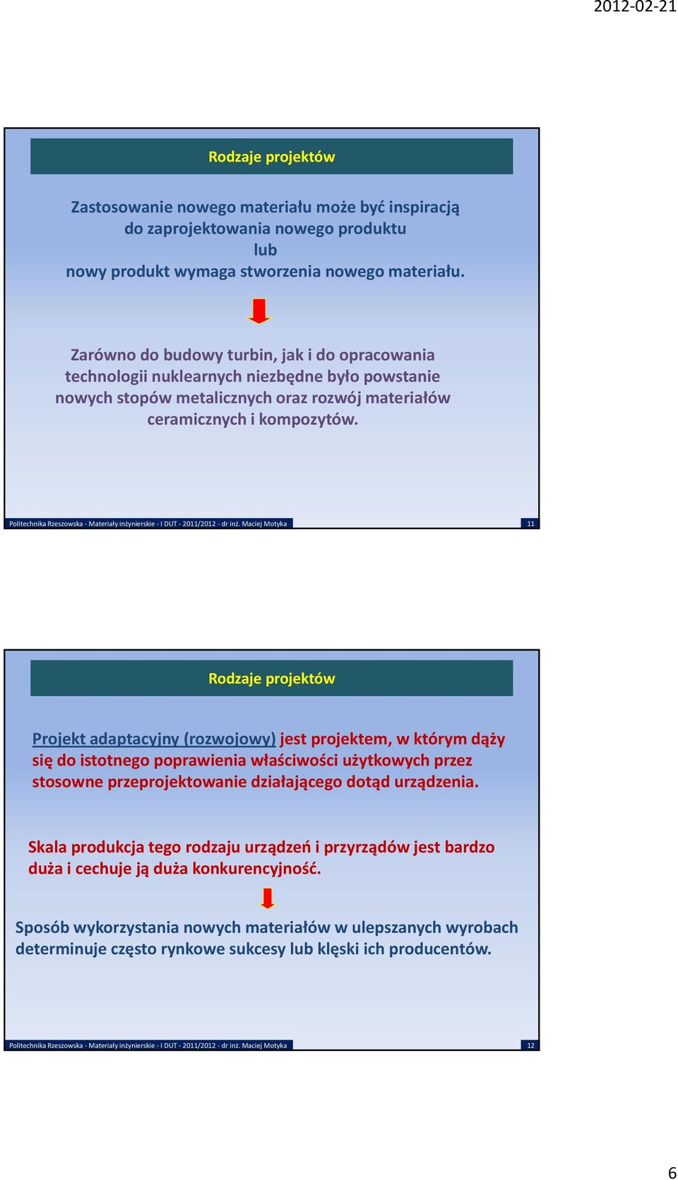 11 Rodzaje projektów Projekt adaptacyjny (rozwojowy) jest projektem, w którym dąży się do istotnego poprawienia właściwości użytkowych przez stosowne przeprojektowanie działającego dotąd