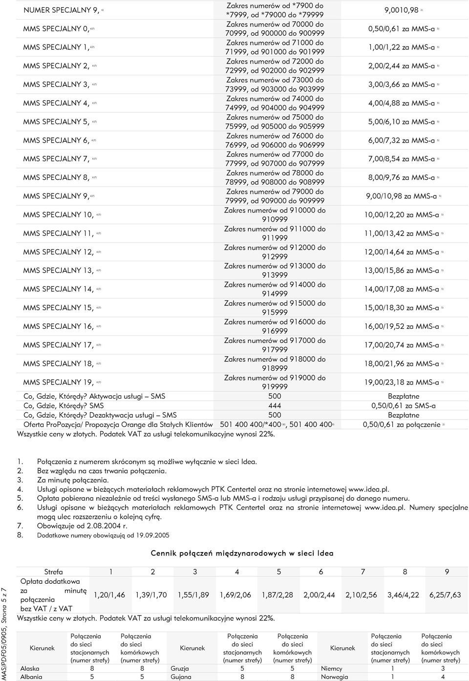 SPECJALNY 3, 6 )7) Zakres numerów od 73000 do 73999, od 903000 do 903999 3,00/3,66 za MMSa 5) MMS SPECJALNY 4, 6 )7) Zakres numerów od 74000 do 74999, od 904000 do 904999 4,00/4,88 za MMSa 5) MMS