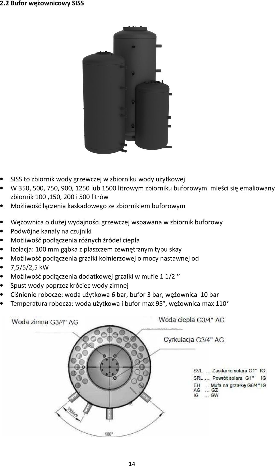 różnych źródeł ciepła Izolacja: 100 mm gąbka z płaszczem zewnętrznym typu skay Możliwość podłączenia grzałki kołnierzowej o mocy nastawnej od 7,5/5/2,5 kw Możliwość podłączenia dodatkowej