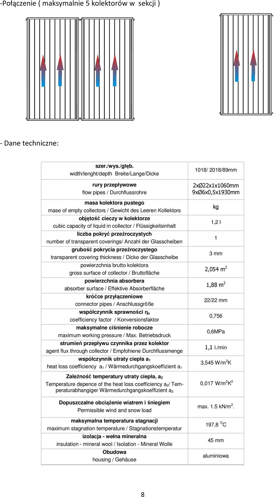capacity of liquid in collector / Flüssigkeitsinhalt liczba pokryć przeźroczystych number of transparent coverings/ Anzahl der Glasscheiben grubość pokrycia przeźroczystego transparent covering