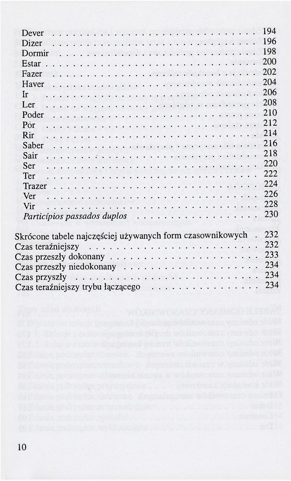 Skrócone tabele najczęściej używanych form czasownikowych.