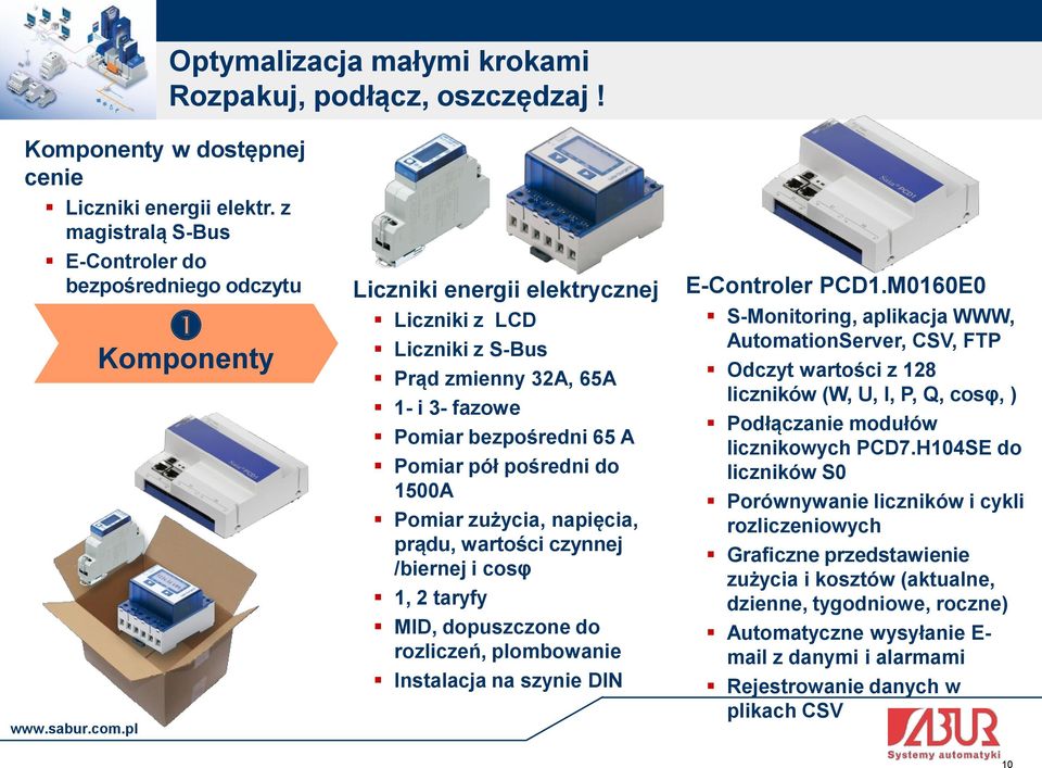 pół pośredni do 1500A Pomiar zużycia, napięcia, prądu, wartości czynnej /biernej i cosφ 1, 2 taryfy MID, dopuszczone do rozliczeń, plombowanie Instalacja na szynie DIN E-Controler PCD1.