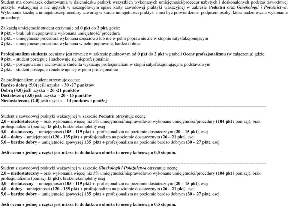 Wykonanie każdej z umiejętności/procedury zawartej w karcie umiejętności praktyk musi być potwierdzone podpisem osoby, która nadzorowała wykonanie procedury.