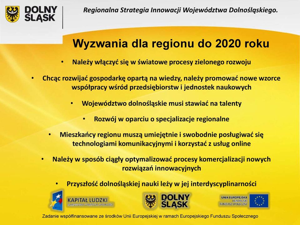 przedsiębiorstw i jednostek naukowych Województwo dolnośląskie musi stawiać na talenty Rozwój w oparciu o specjalizacje regionalne Mieszkańcy regionu muszą umiejętnie i swobodnie