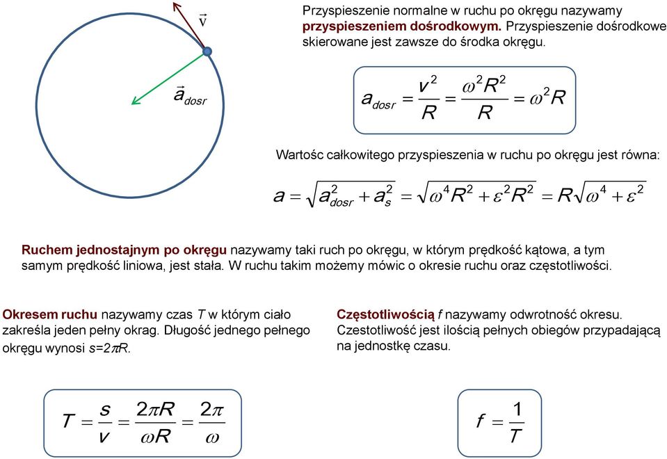 prędkość kąowa, a ym samym prędkość liniowa, jes sała. W ruchu akim możemy mówic o okresie ruchu oraz częsoliwości.