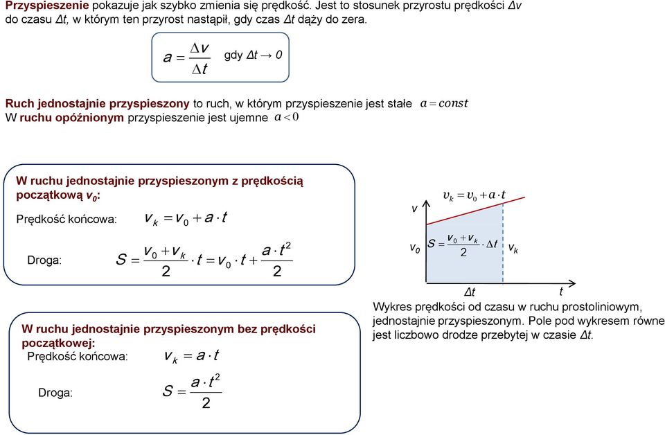 przyspieszonym z prędkością począkową : Prędkość końcowa: Droa: k a k a S W ruchu jednosajnie przyspieszonym bez prędkości począkowej: Prędkość końcowa: