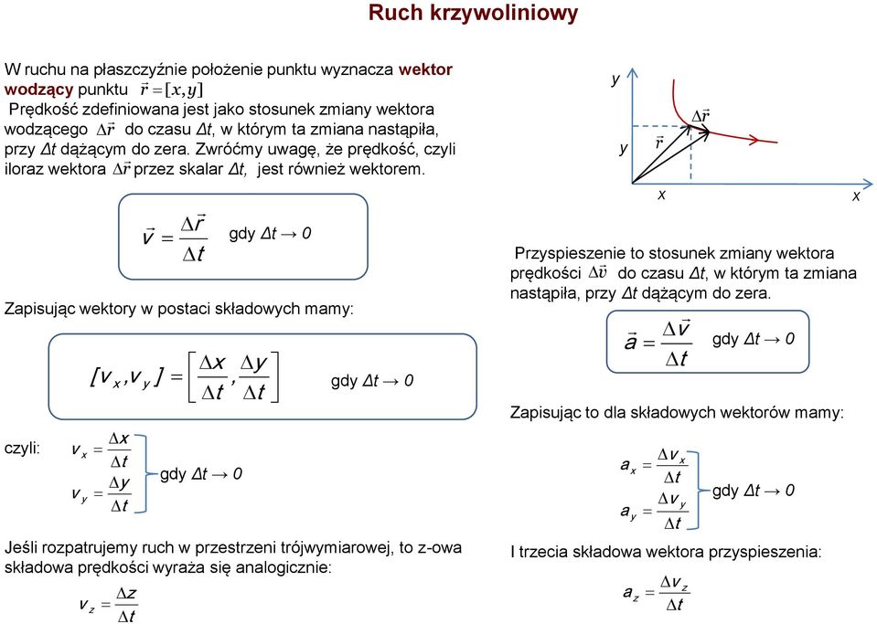 Zapisując wekory w posaci składowych mamy: czyli: y r dy Δ y [, y ], y dy Δ dy Δ Jeśli rozparujemy ruch w przesrzeni rójwymiarowej, o z-owa składowa prędkości wyraża się