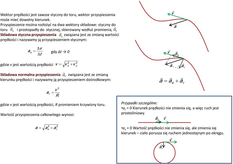 prędkości i nazywamy ją przyspieszeniem sycznym: a s dy Δ a a s dzie jes warością prędkości y a a r Składowa normalna przyspieszenia a r związana jes ze zmianą kierunku prędkości i nazywamy ją