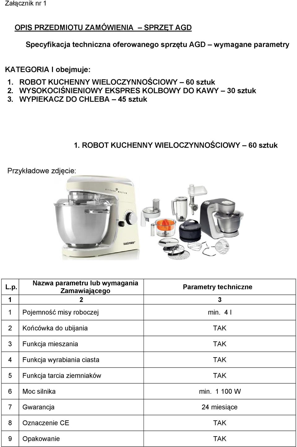 ROBOT KUCHENNY WIELOCZYNNOŚCIOWY 60 sztuk 1 2 3 1 Pojemność misy roboczej min.