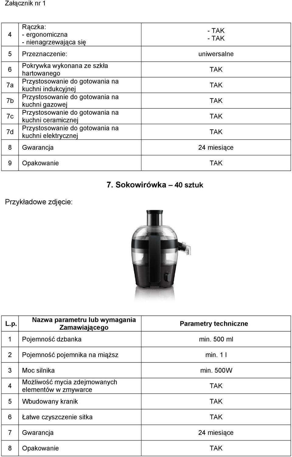 na kuchni elektrycznej 8 Gwarancja 24 miesiące 9 Opakowanie 7. Sokowirówka 40 sztuk 1 Pojemność dzbanka min. 500 ml 2 Pojemność pojemnika na miąższ min.