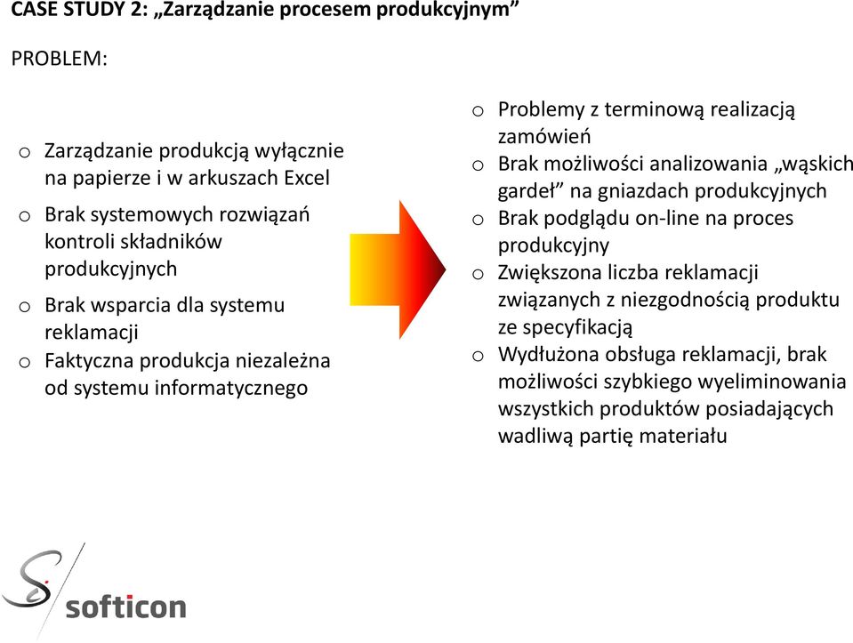 zamówieo o Brak możliwości analizowania wąskich gardeł na gniazdach produkcyjnych o Brak podglądu on-line na proces produkcyjny o Zwiększona liczba reklamacji