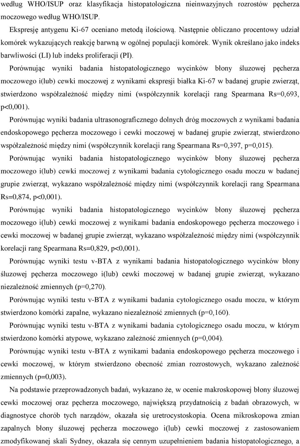 Porównując wyniki badania histopatologicznego wycinków błony śluzowej pęcherza moczowego i(lub) cewki moczowej z wynikami ekspresji białka Ki-67 w badanej grupie zwierząt, stwierdzono współzależność