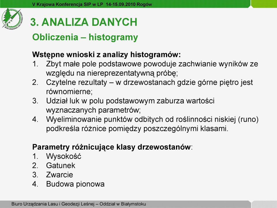 Czytelne rezultaty w drzewostanach gdzie górne piętro jest równomierne; 3.