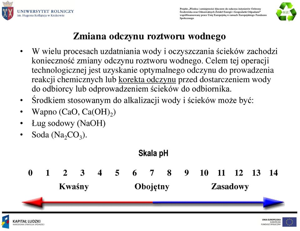 Celem tej operacji technologicznej jest uzyskanie optymalnego odczynu do prowadzenia reakcji chemicznych lub korekta odczynu przed