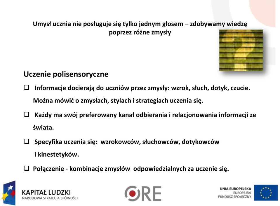 Można mówić o zmysłach, stylach i strategiach uczenia się.