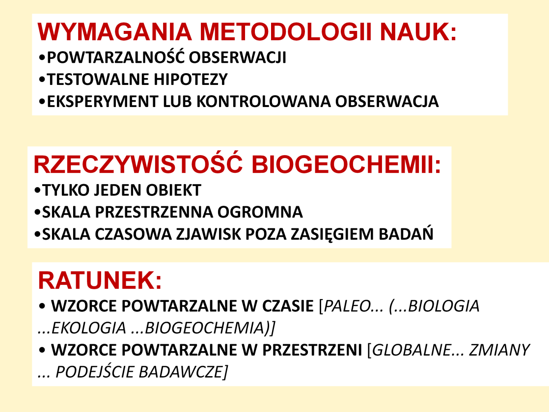 Poprawną metodologię nauk przyrodniczych łatwiej stosować do obiektów, i zjawisk, których skala przestrzenna i czasowa jest niewielka, łatwo nagromadzić powtórzone obserwacje i wielokrotnie powtórzyć