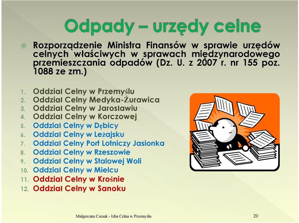 Oddział Celny w Korczowej 5. Oddział Celny w Dębicy 6. Oddział Celny w Leżajsku 7. Oddział Celny Port Lotniczy Jasionka 8.